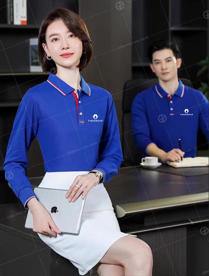 Mẫu áo đồng phục công ty mùa đông dài tay màu xanh dương cao cấp