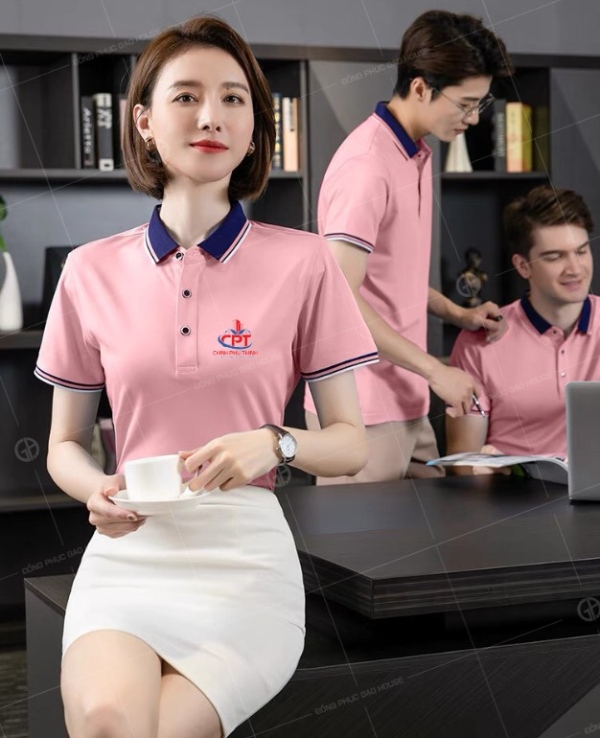 Áo đồng phục công ty màu hồng sở hữu thiết kế thanh lịch, cuốn hút