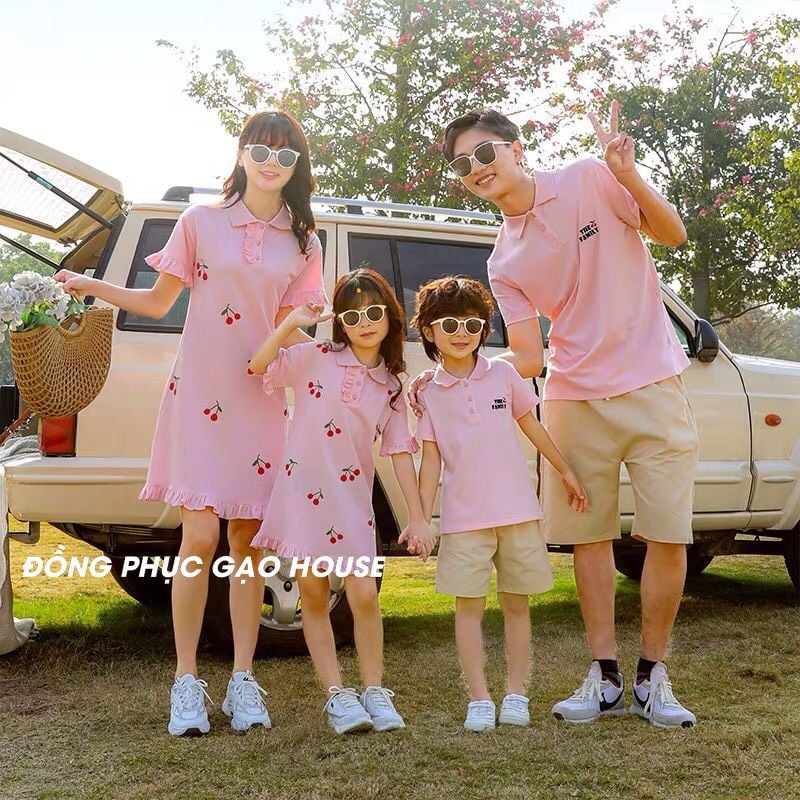 Áo váy gia đình Tết màu hồng cute