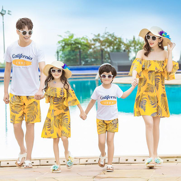 Váy đầm gia đình cao cấp trễ vai màu vàng đi biển