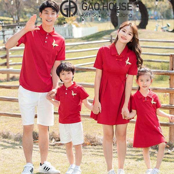 Áo váy đồng phục gia đình dáng xòe, chiết eo màu đỏ