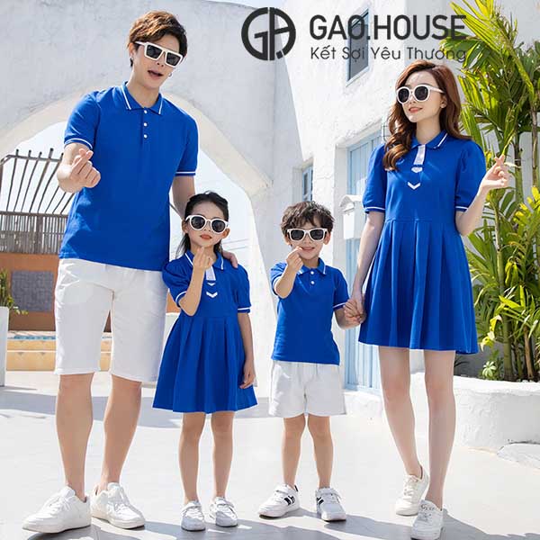 Set áo váy gia đình đi tiệc may cách điệu màu xanh dương