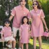 Set áo váy gia đình Chanel mà hồng line trắng ưu nhã