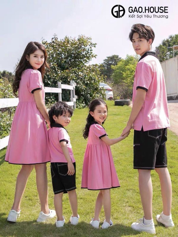 Áo váy thun gia đình màu cam phối nơ đẹp - Suka.com.vn