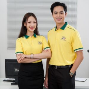Áo phông đồng phục công ty màu vàng cổ phối dệt xanh