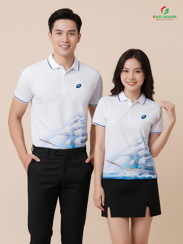 Áo 3D Công Ty Màu Trắng Phối Cổ Line Xanh