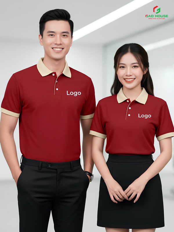 Áo Công Ty Màu Đỏ Phối Cổ Be