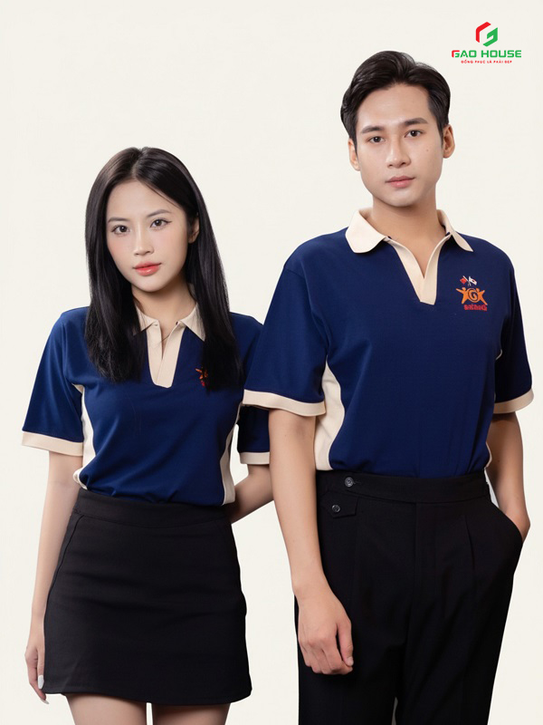 áo công ty màu xanh than phối cổ trụ v