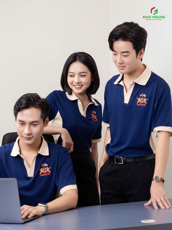 áo công ty màu xanh than phối cổ trụ v