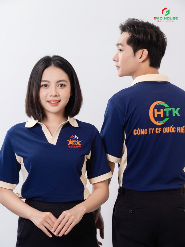 áo công ty màu xanh than phối cổ trụ v