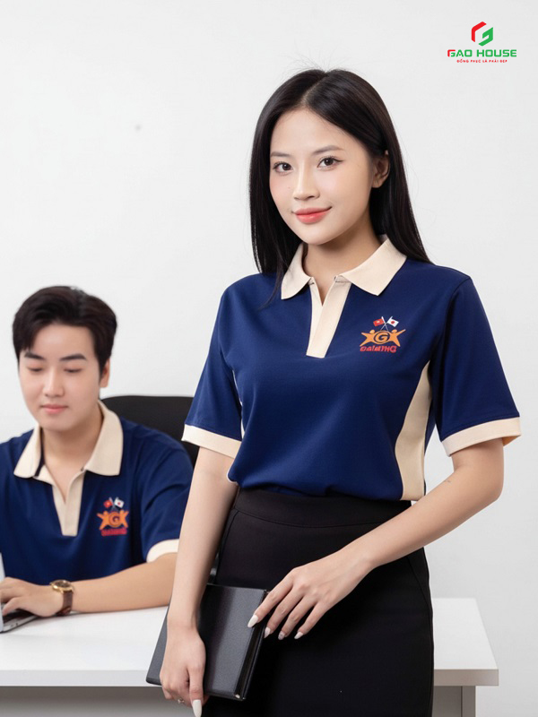 áo công ty màu xanh than phối cổ trụ v