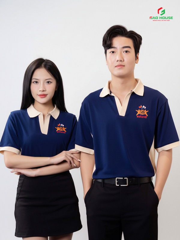 áo công ty màu xanh than phối cổ trụ v