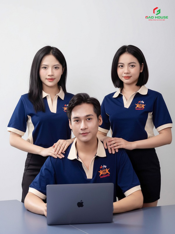 áo công ty màu xanh than phối cổ trụ v