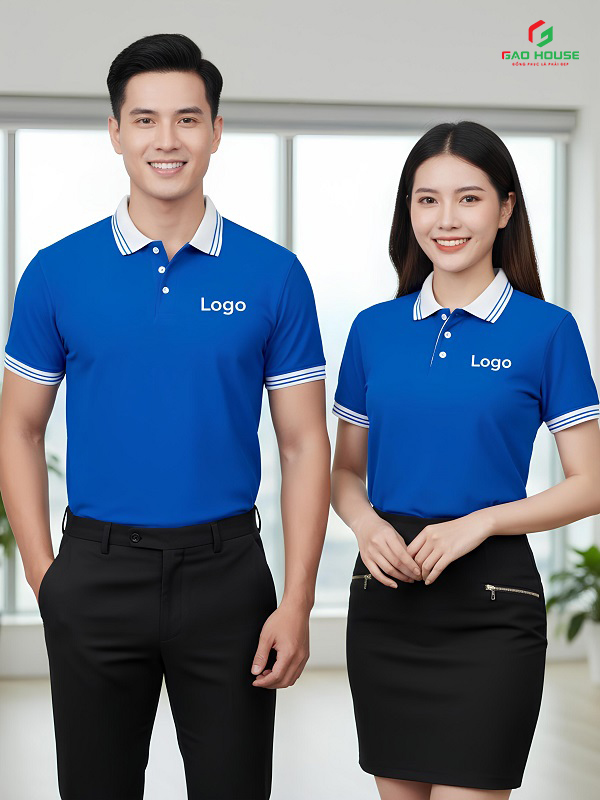 áo doanh nghiệp màu xanh dương phối cổ trắng