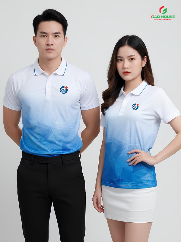 Áo Đồng Phục 3D Cổ Bẻ Màu Trắng Xanh