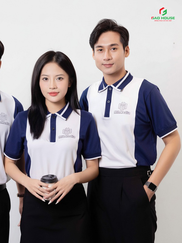 áo polo công ty màu trắng phối sườn xanh