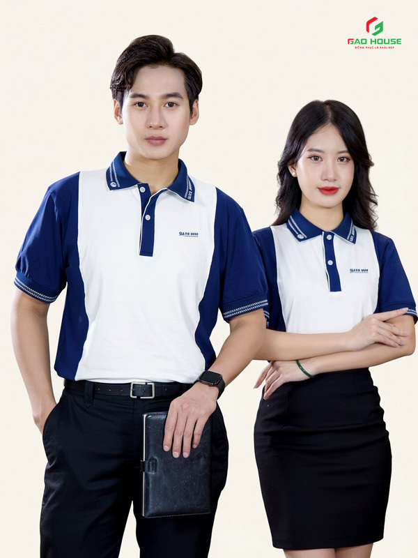 áo polo doanh nghiệp màu trắng phối sườn xanh
