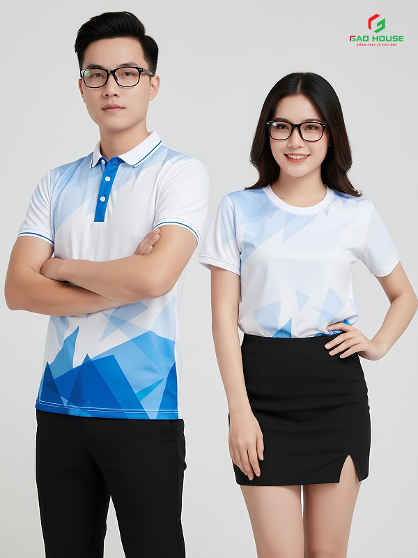 Đồng Phục 3D Cổ Bẻ Màu Trắng Xanh