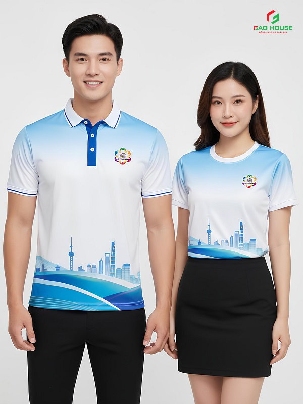 Đồng Phục Áo Phông 3D Cổ Bẻ Màu Trắng Xanh