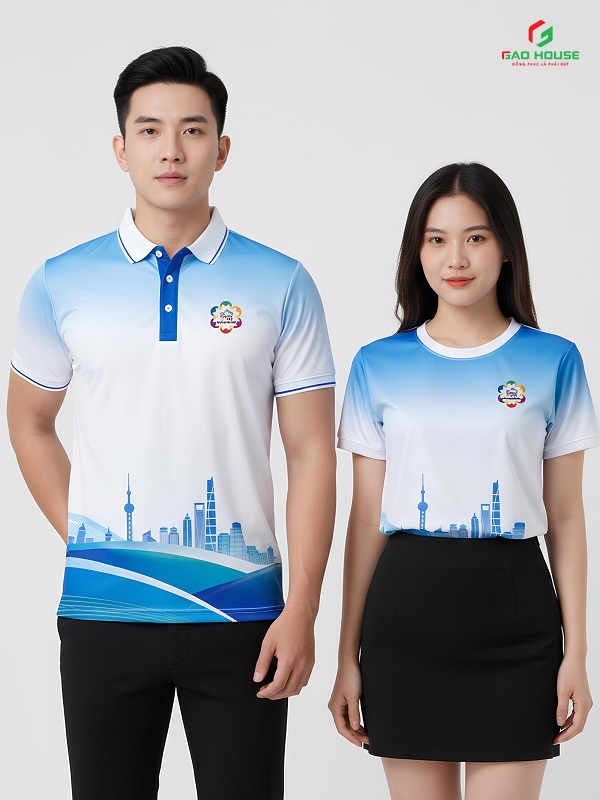 Đồng Phục Áo Phông 3D Cổ Bẻ Màu Trắng Xanh