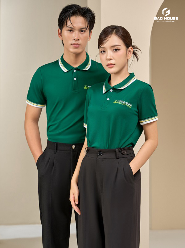 Áo Công Ty Màu Xanh Phối Cổ Line Vàng Trắng