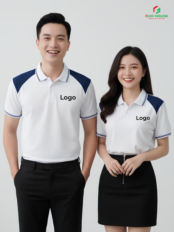 Đồng Phục Doanh Nghiệp Màu Trắng Phối Vai Xanh