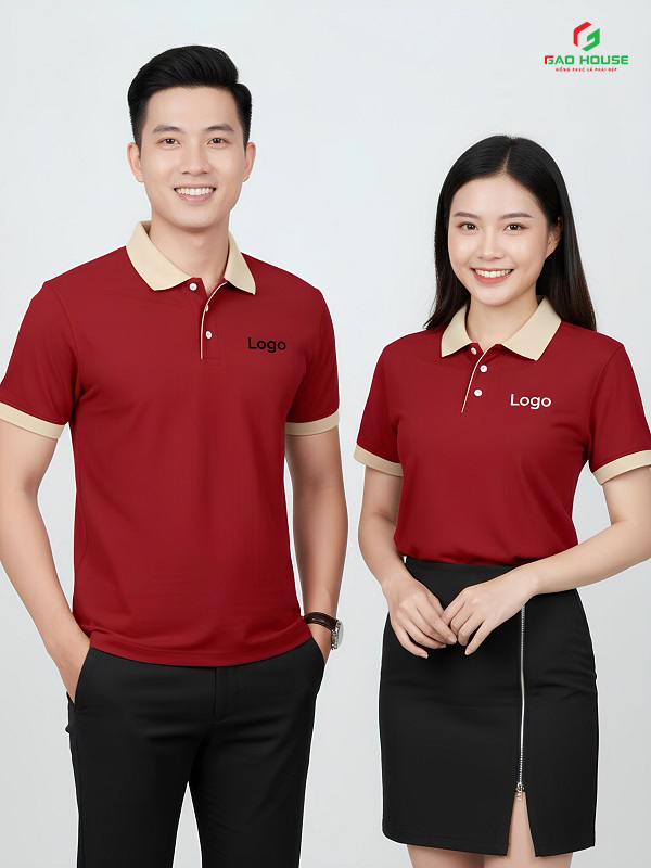 áo công ty màu đỏ phối cổ be