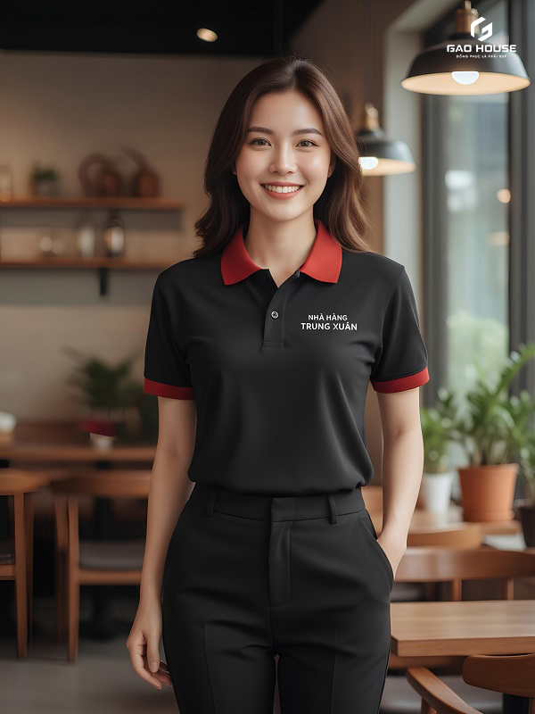 áo nhà hàng màu đen phối cổ đỏ đô