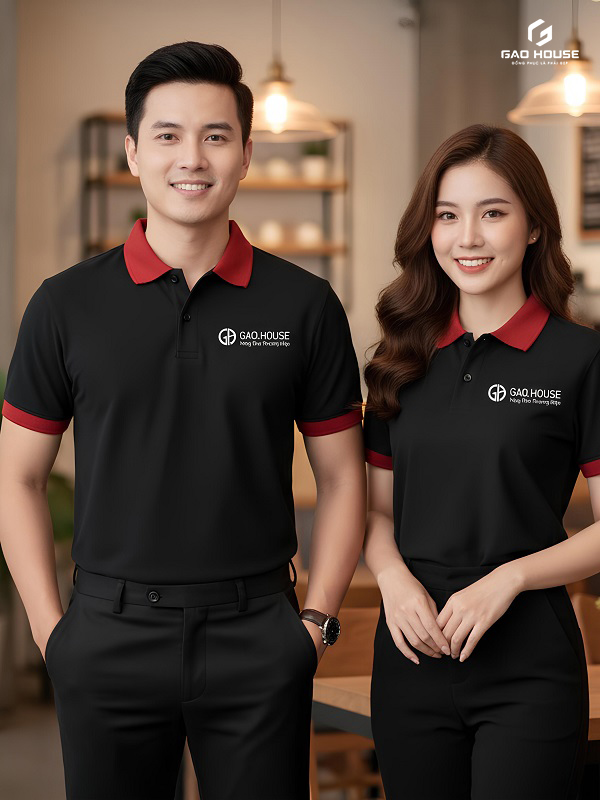 áo nhà hàng màu đen phối cổ đỏ đô