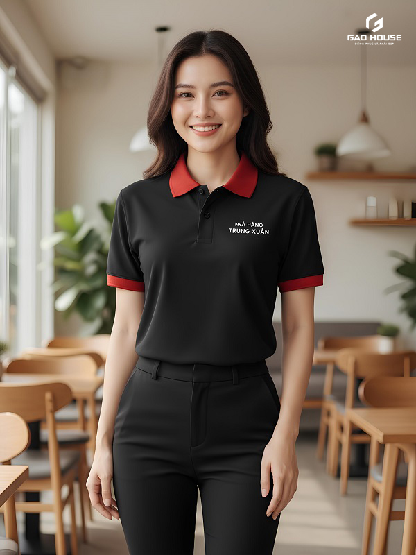 áo nhà hàng màu đen phối cổ đỏ đô