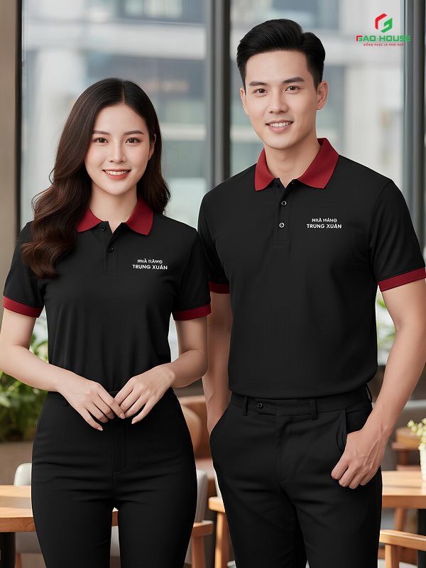 áo nhà hàng màu đen phối cổ đỏ đô