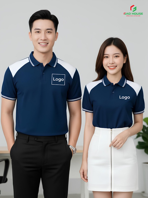 Áo polo xanh dương phối vai trắng