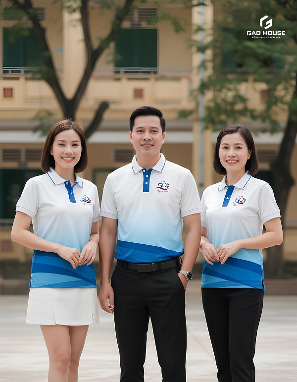 áo thun đồng phục màu xanh dương trắng