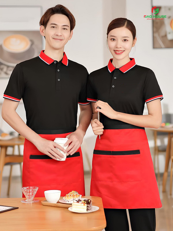 Đồng Phục Nhà Hàng Màu Đen Phối Cổ Đỏ