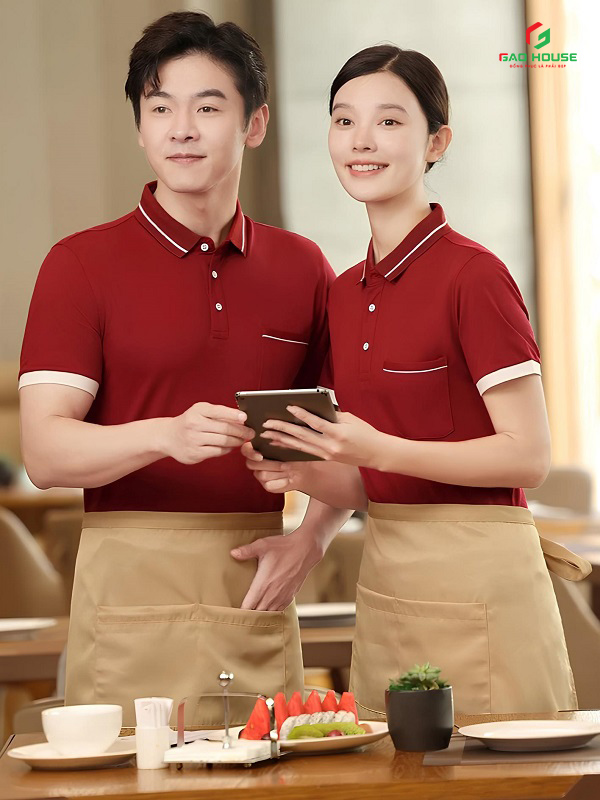Đồng Phục Nhà Hàng Màu Đỏ Đô Phối Cổ Line Trắng
