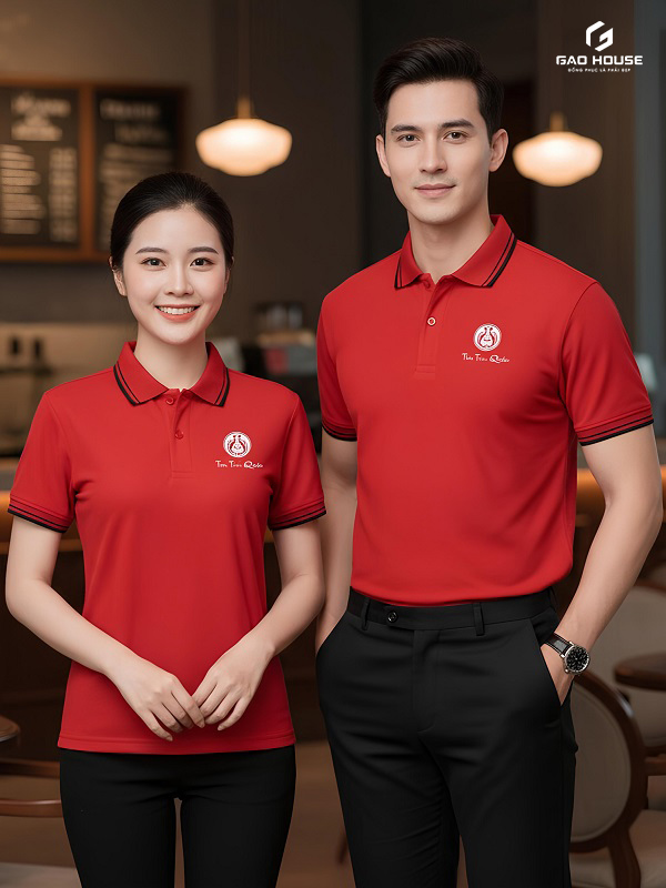 đồng phục nhà hàng màu đỏ phối cổ line đen