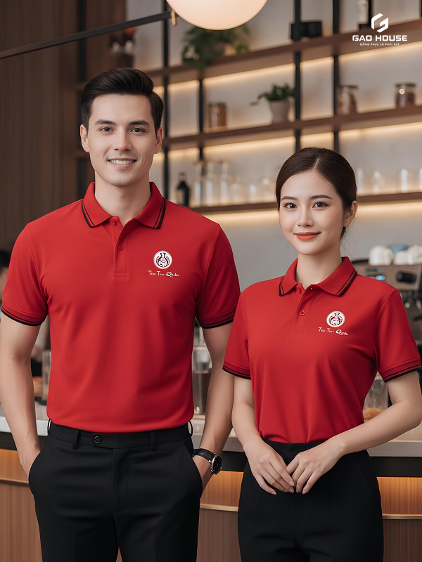 đồng phục nhà hàng màu đỏ phối cổ line đen