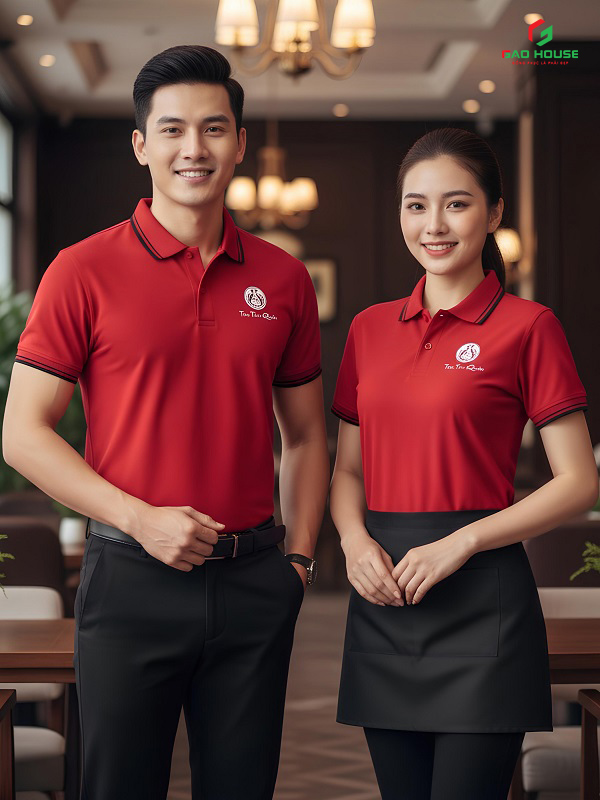 đồng phục nhà hàng màu đỏ phối cổ line đen