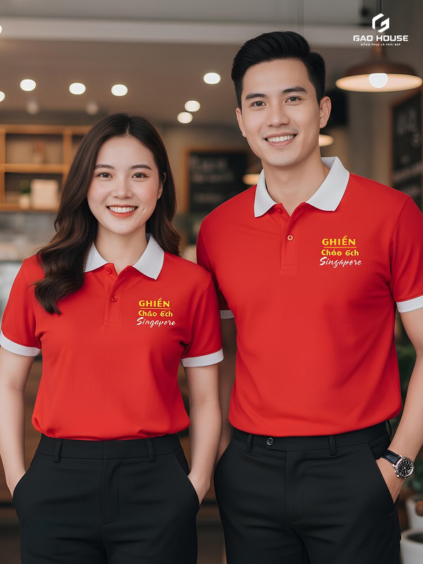đồng phục nhà hàng màu đỏ phối cổ trắng