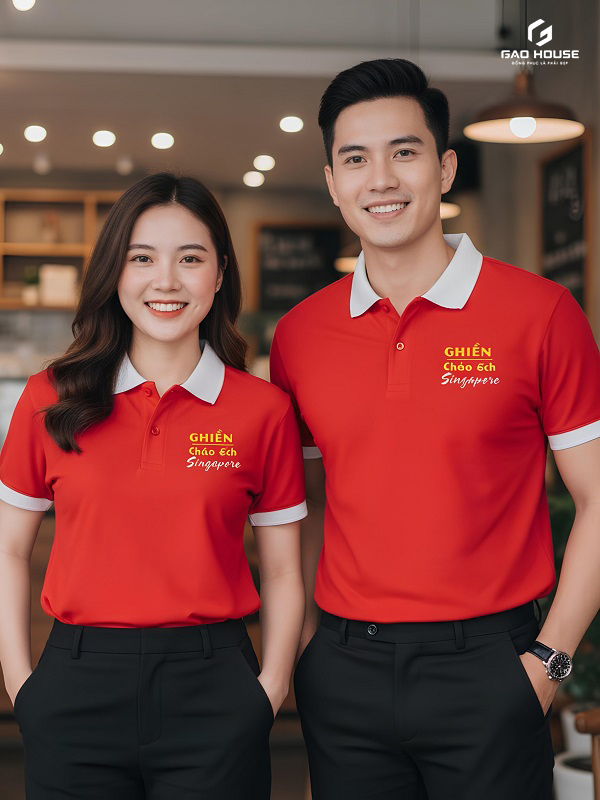 đồng phục nhà hàng màu đỏ phối cổ trắng