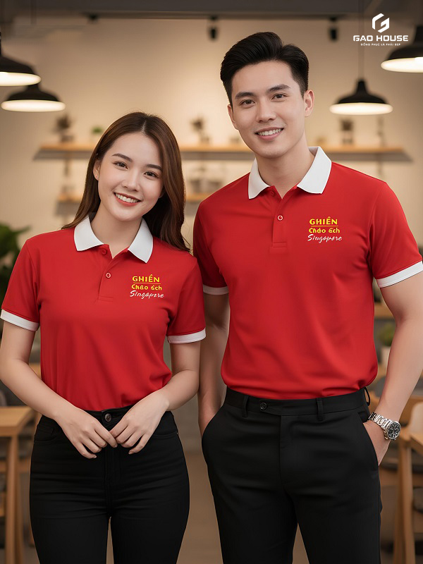 đồng phục nhà hàng màu đỏ phối cổ trắng