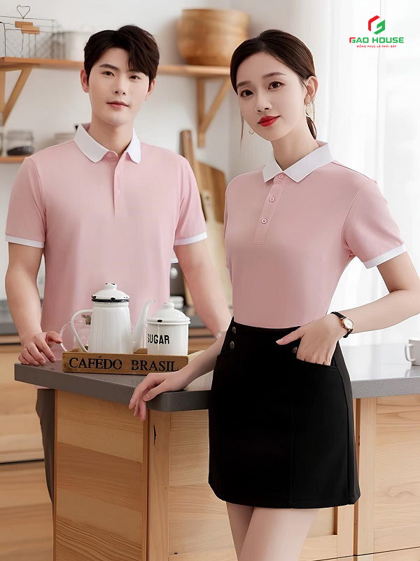 Đồng Phục Nhà Hàng Màu Hồng Phối Cổ Trắng