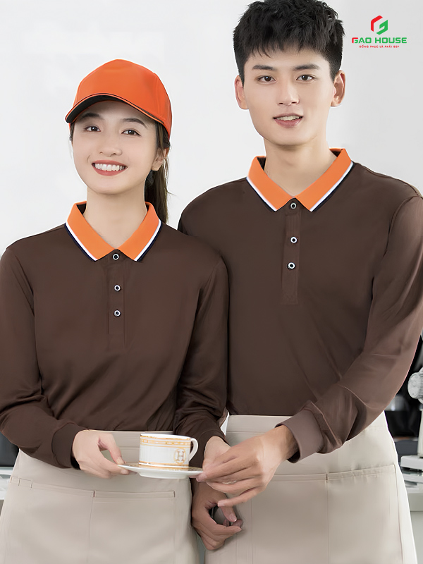 Đồng Phục Nhà Hàng Màu Nâu Phối Cổ Cam