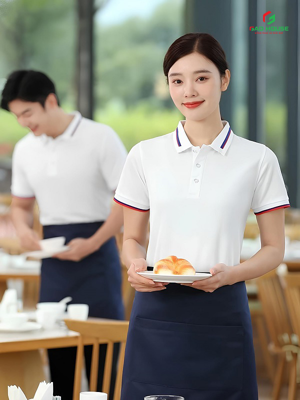 đồng phục nhà hàng màu trắng phối cổ line xanh