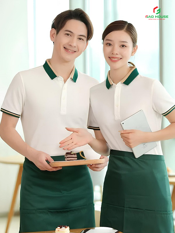 Đồng Phục Nhà Hàng Màu Trắng Phối Cổ Xanh Lá