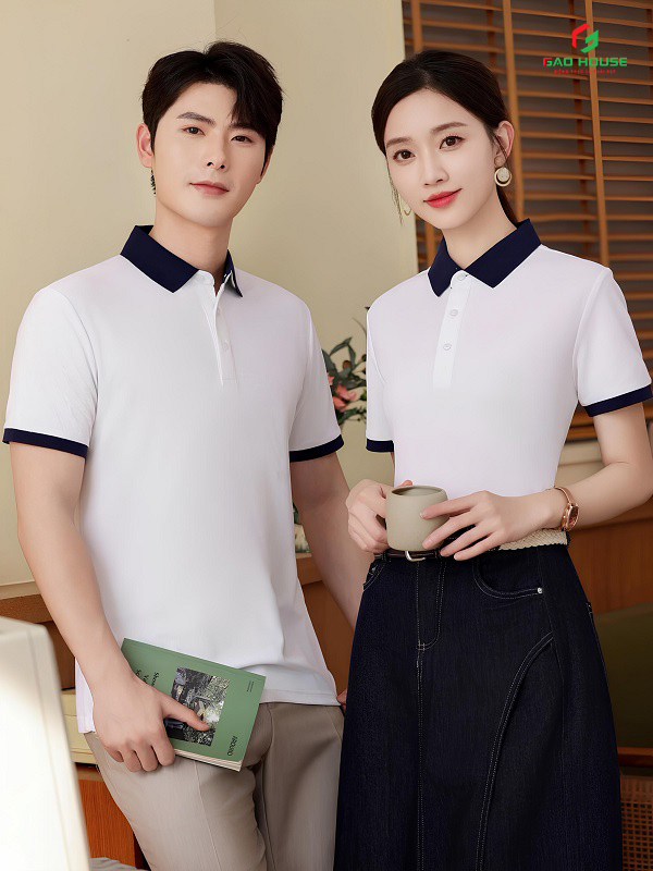 Đồng Phục Nhà Hàng Màu Trắng Phối Cổ Xanh Than