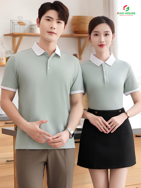 Đồng Phục Nhà Hàng Màu Xanh Bạc Hà Phối Cổ Trắng