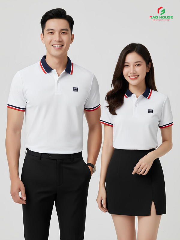 Áo Polo Đồng Phục Công Ty Màu Trắng Phối Cổ Xanh Than