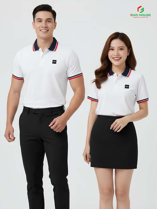 Áo Polo Đồng Phục Công Ty Màu Trắng Phối Cổ Xanh Than