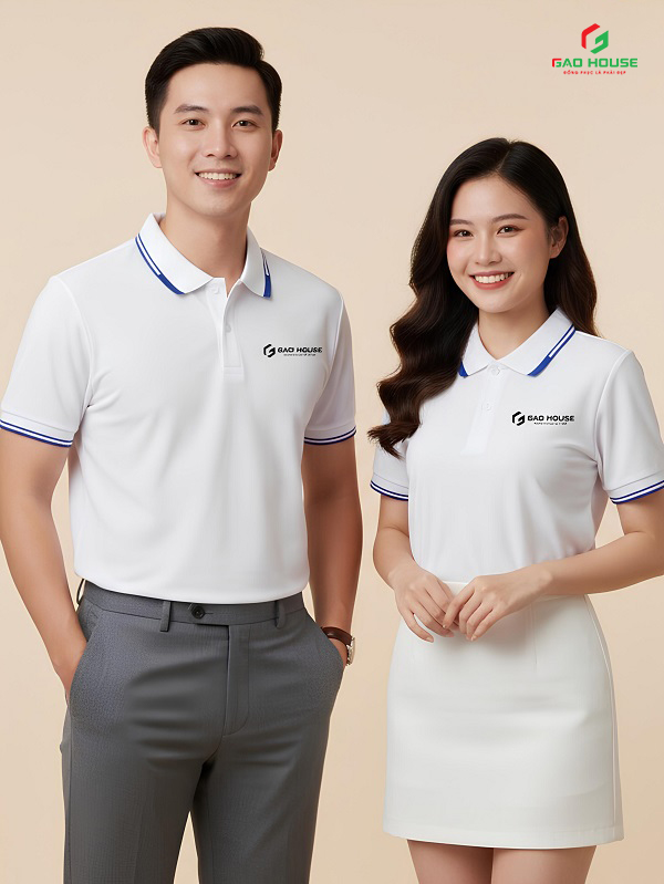 Áo Polo Đồng Phục Doanh Nghiệp Màu Trắng Phối Cổ Line Xanh